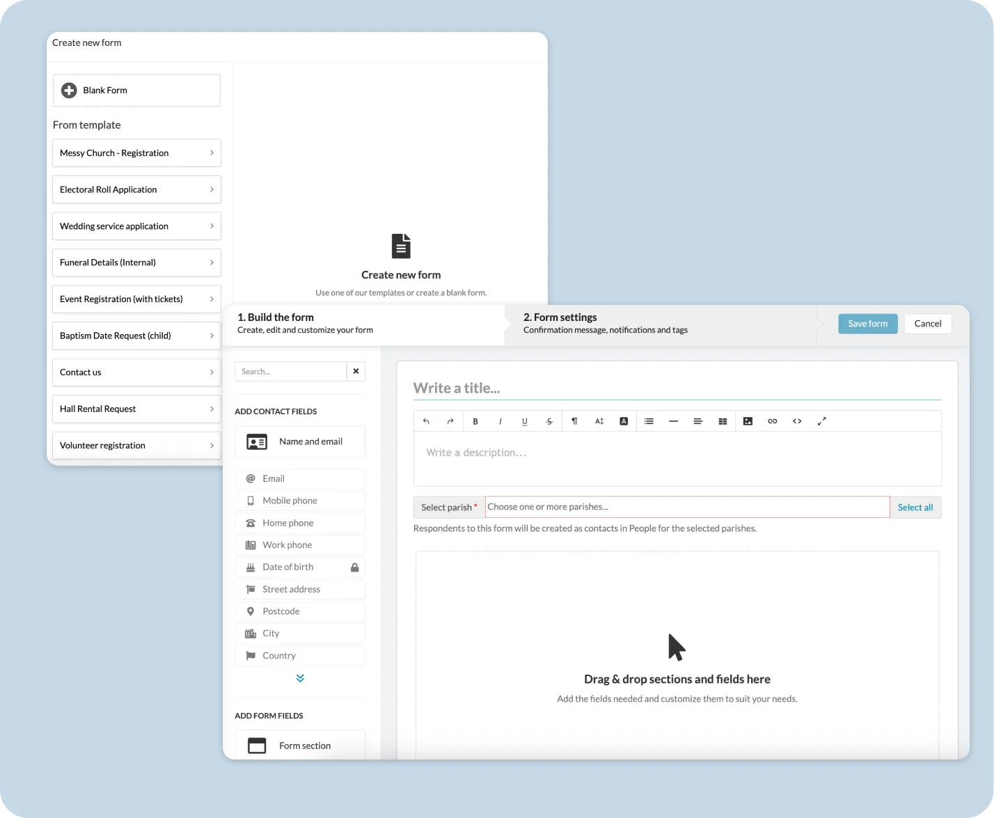 Forms editor with drag-and-drop