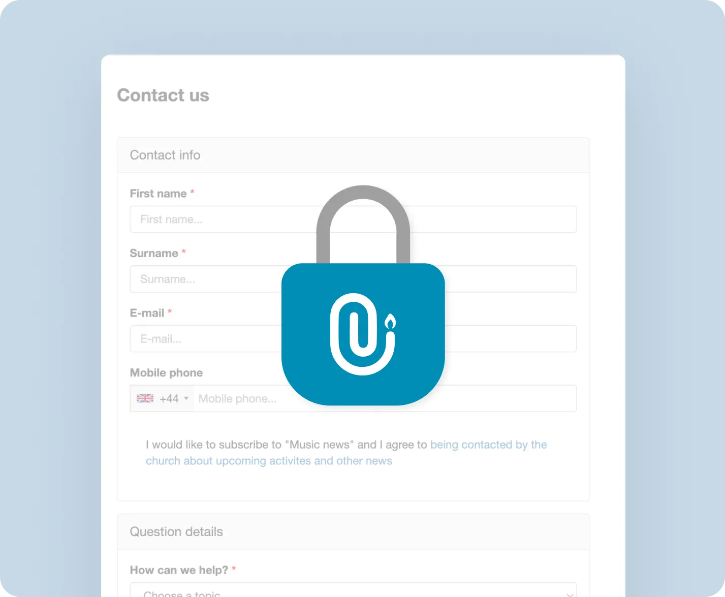 Lock with ChurchDesk logo in front of a form
