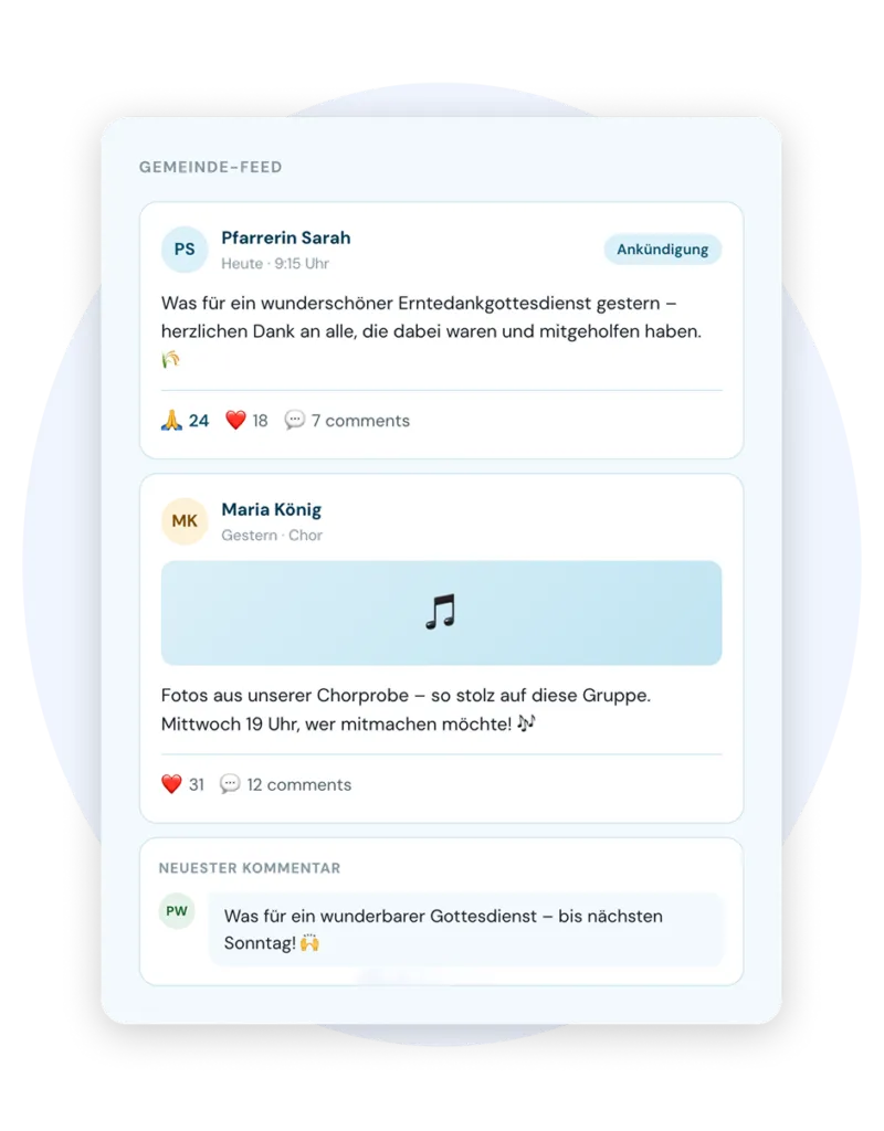 Smartphone with the interactive news feed in ChurchDesk Connect
