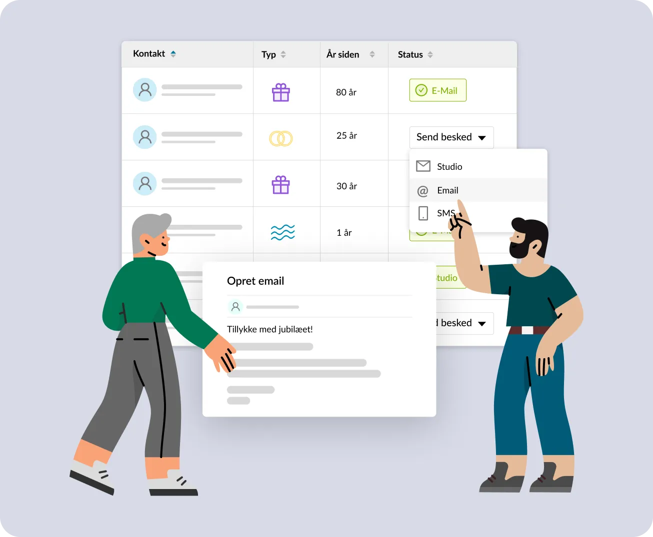 Send e-mail eller SMS direkte fra kontaktmodulen