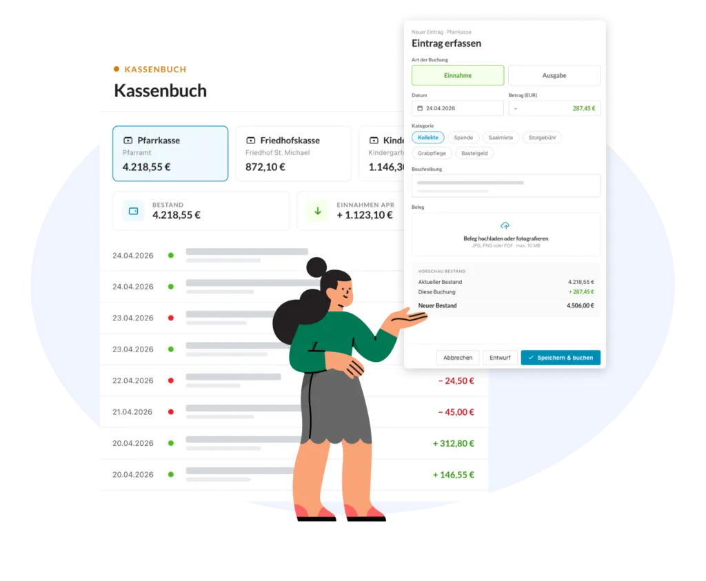 ChurchDesk cash book with recorded income and expenses