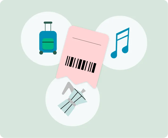 Illustration of a ticket with a barcode surrounded by icons for a concert, a youth camp, and an outing
