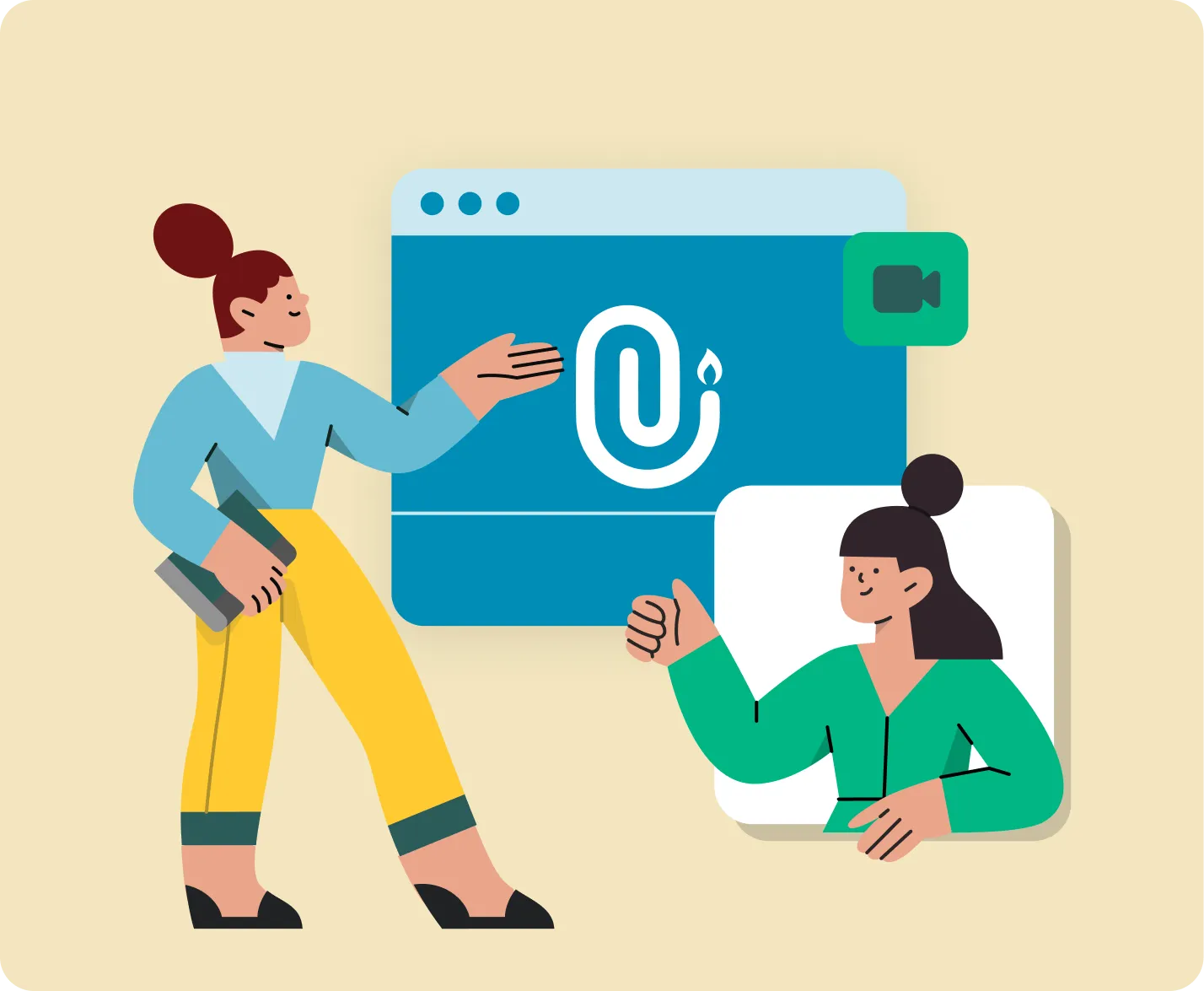 Illustration: one person explaining something to another person via videochat