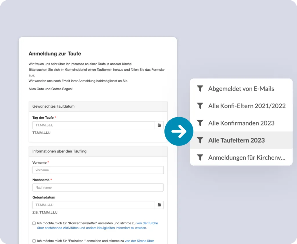 A registration for the baptism in ChurchDesk, which automatically creates contact groups such as “All Baptism Parents 2023”.
