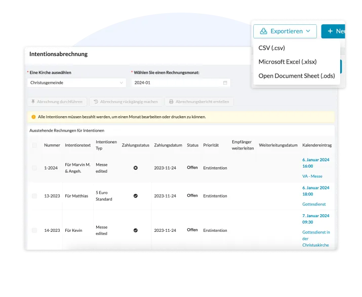 View intent billing in ChurchDesk with outstanding invoices, payment status and export options