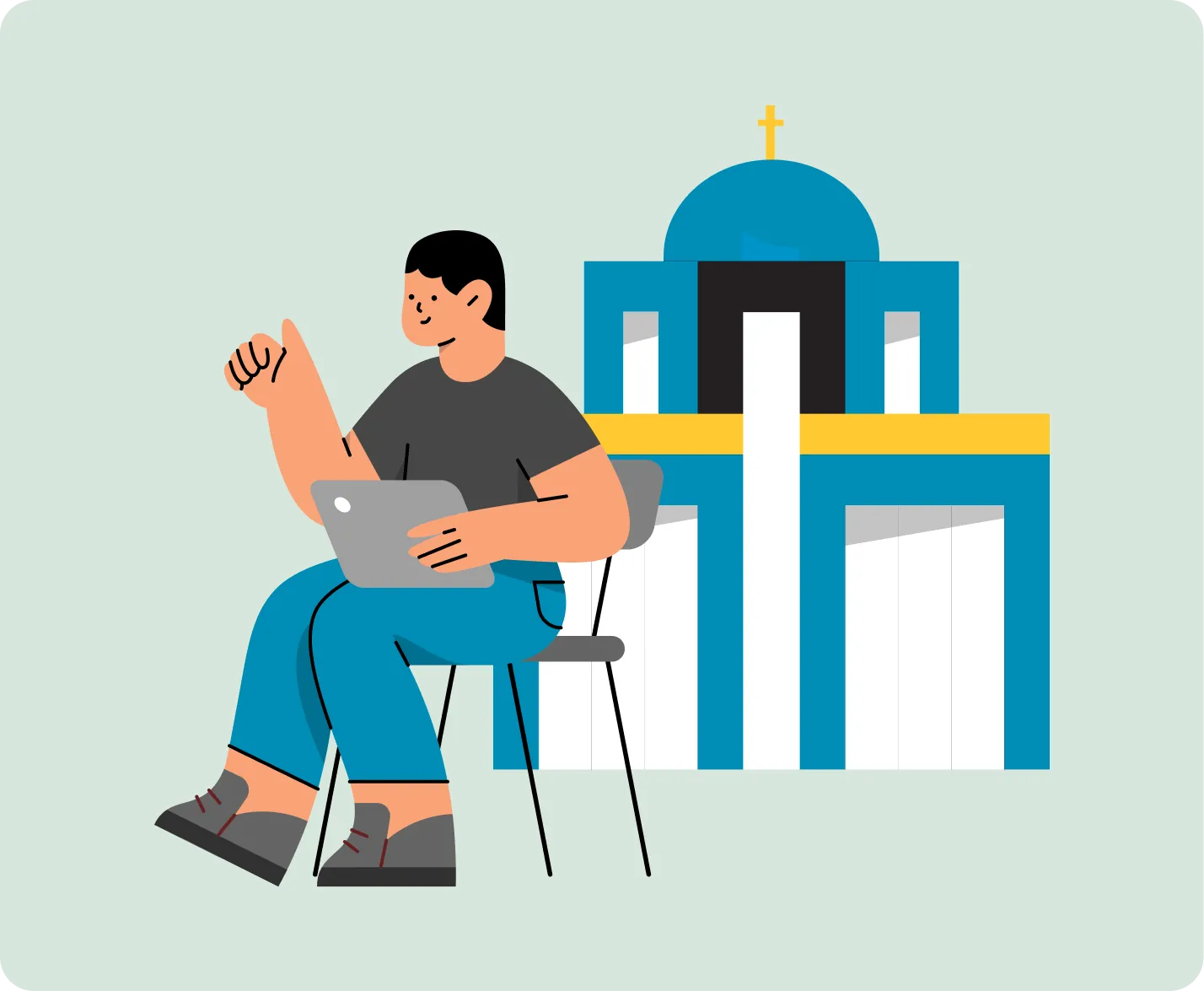Illustration: priest with a laptop sitting in front of a church