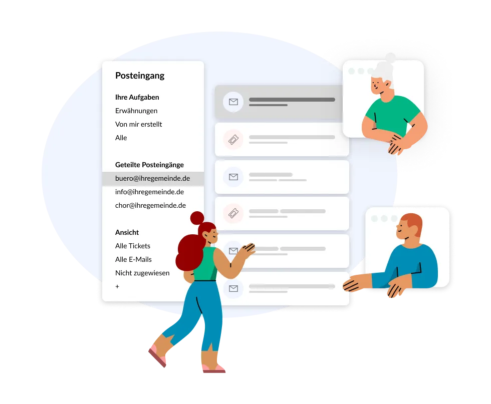 Shared inbox in ChurchDesk with assigned tasks and multiple employees.