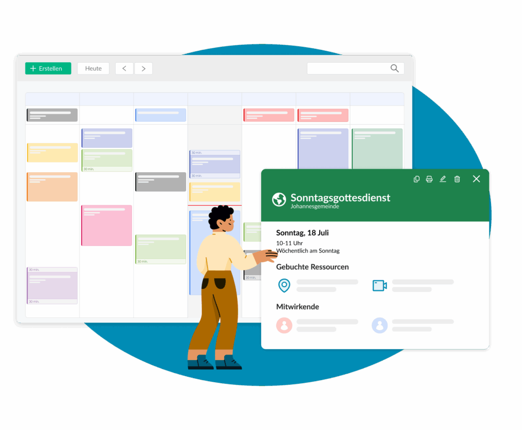 The ChurchDesk calendar in the weekly view with a service date including booked resources and contributors