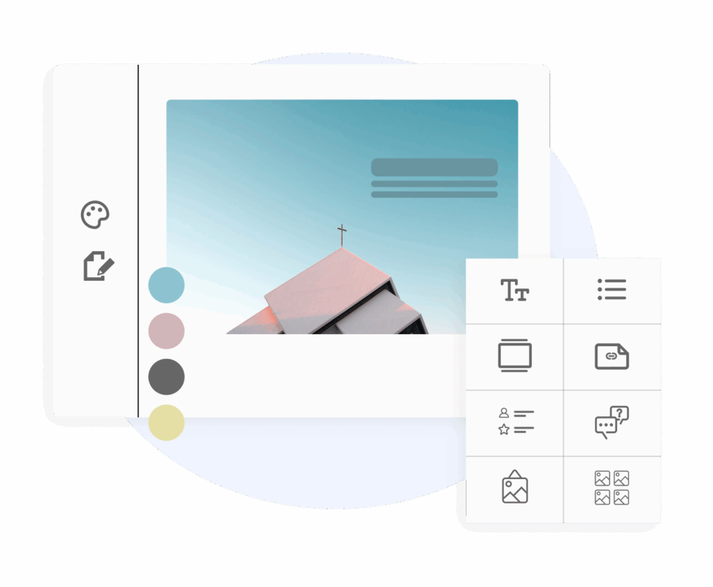 The ChurchDesk website designer with color selection and a building block library for a church website